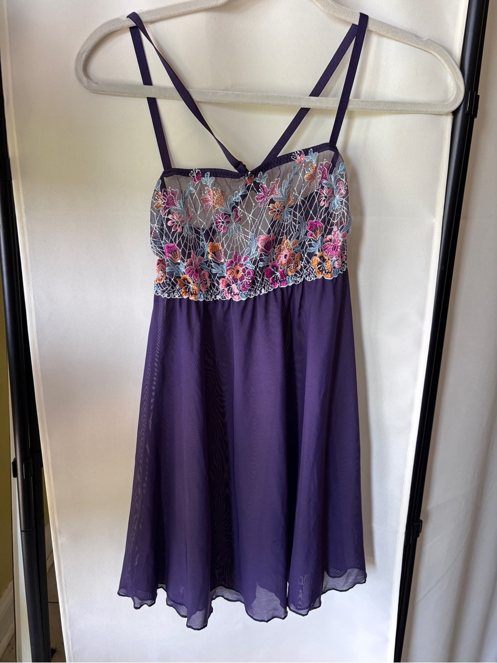 Lindy Bop Purple Chiffon Chemise with Multicolor Floral Embroidery